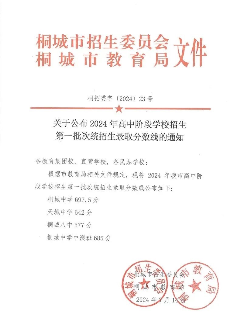 2024年安徽省安庆桐城中考第一批次普通高中统招生录取分数线